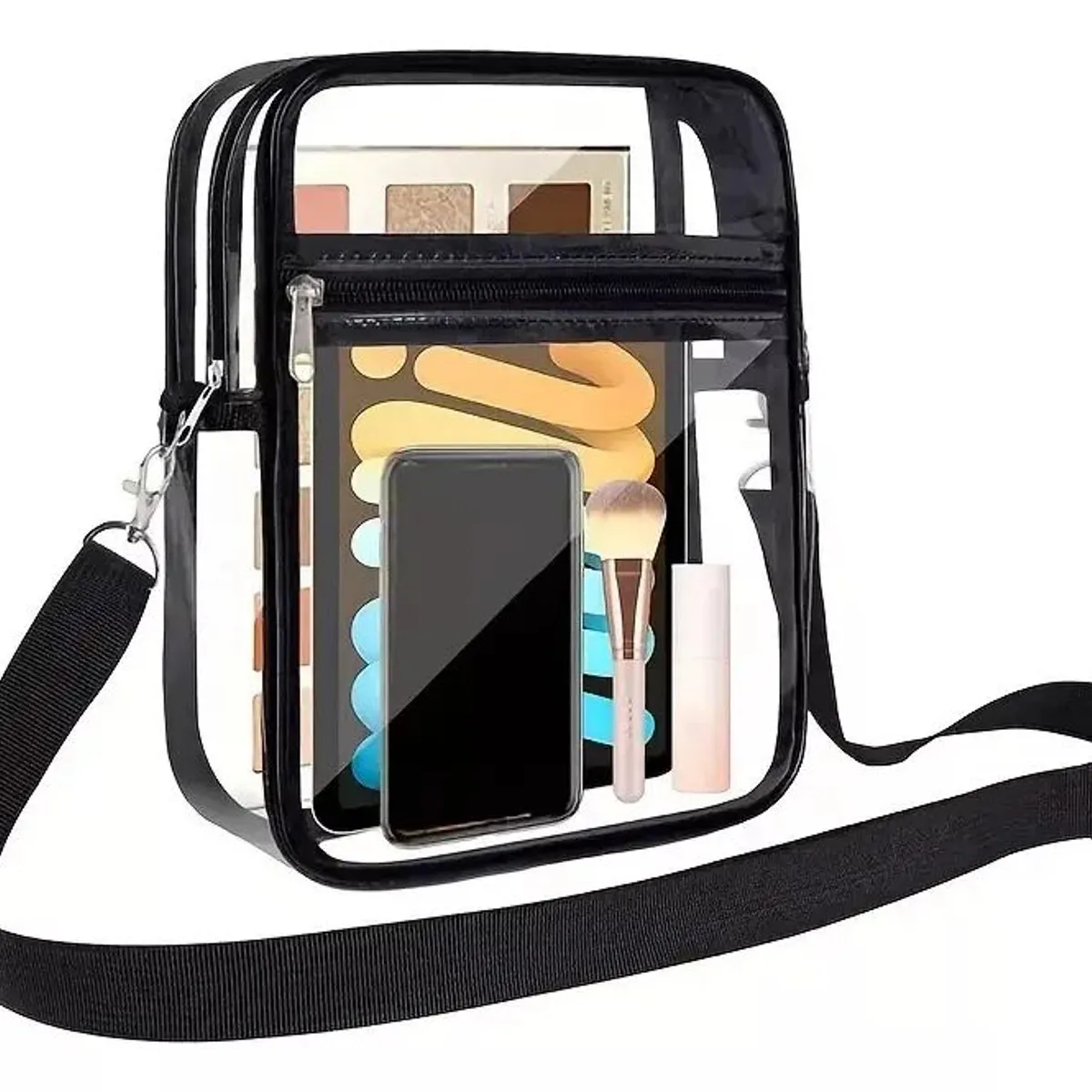 KUANGYE - Cartera Bolso Transparente Negro Largo Ajustable Nuevo