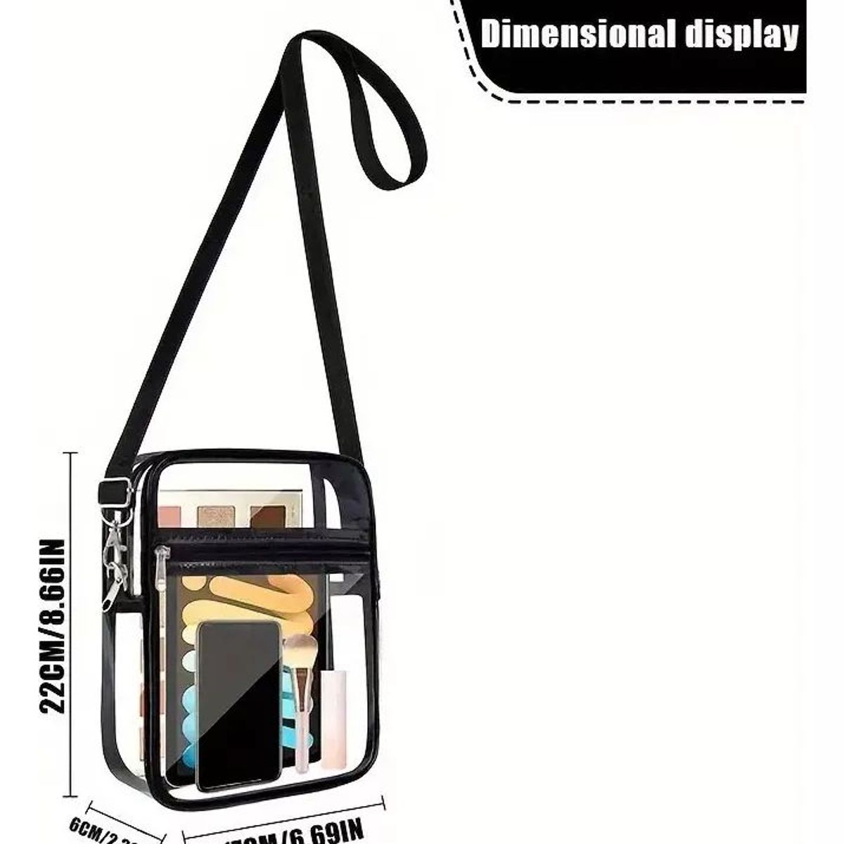 KUANGYE - Cartera Bolso Transparente Negro Largo Ajustable Nuevo