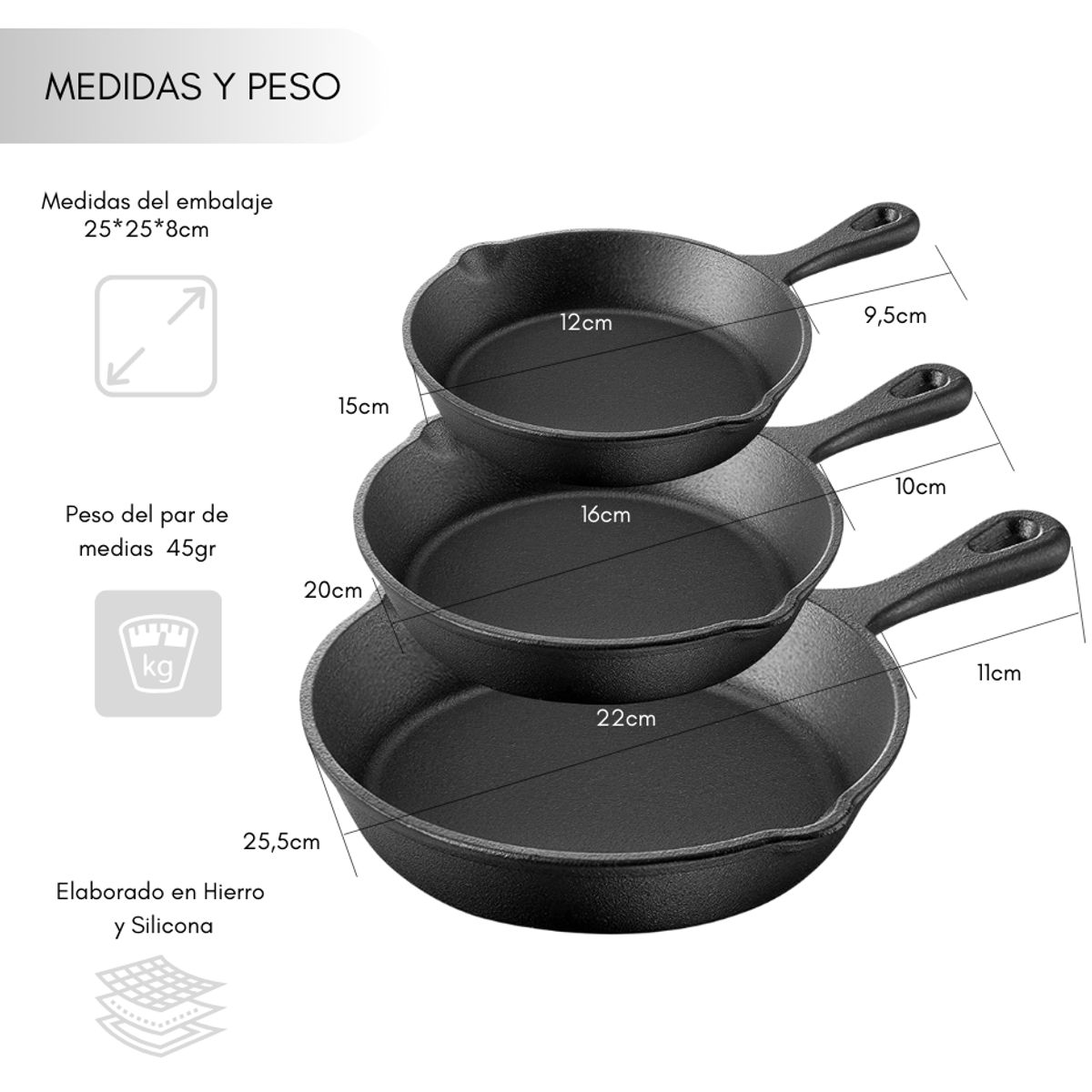 GENERICO - Set De 3 Sartenes Sartén 3 Hierro Fundido 15 20 25 Cm Fierro