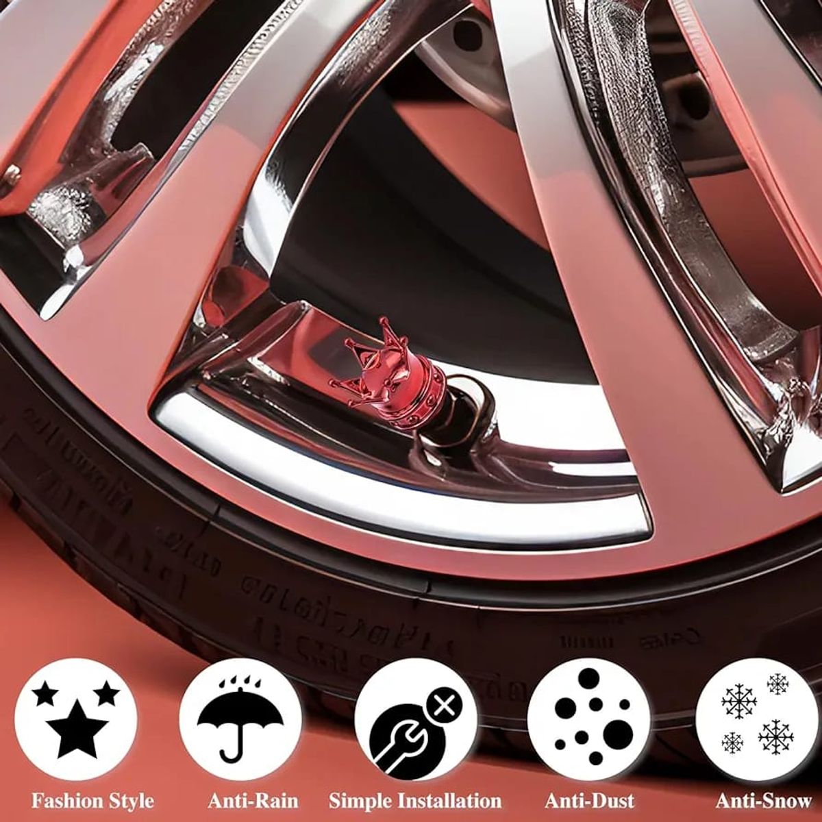 GENERICO - Set 4 Tapas de válvulas para autos motos corona color rojo