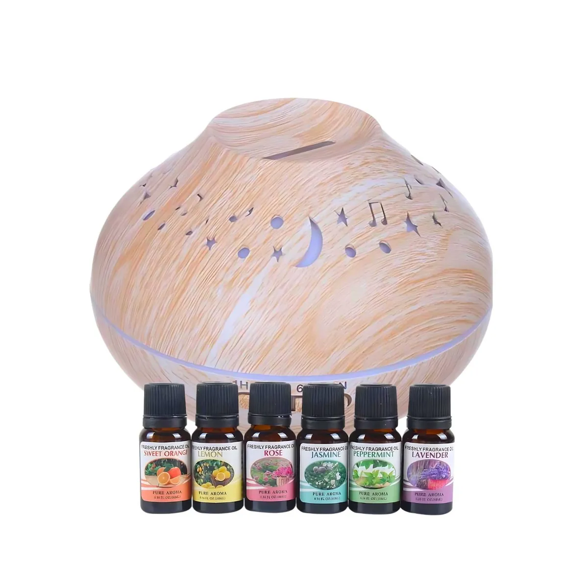 GENERICO - Pack Humidificador Luna y Estrella + 6 Esencias Aromaticas