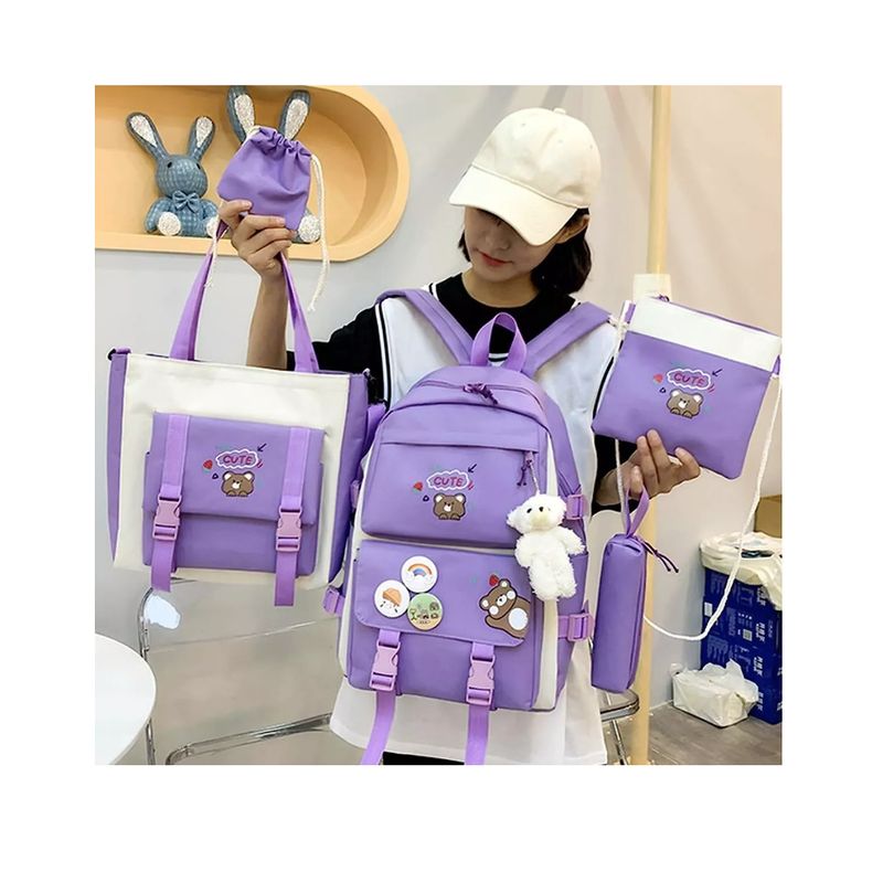 GENERICO - Set Mochila Escolar 5 Piezas De Niña Con Lonchera+estuche
