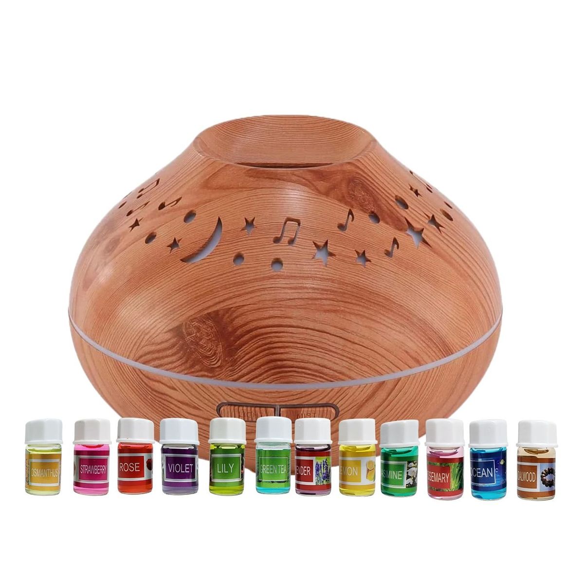 GENERICO - Pack Humidificador Cafe Luna y Estrella + 12 Esencias Aromaticas