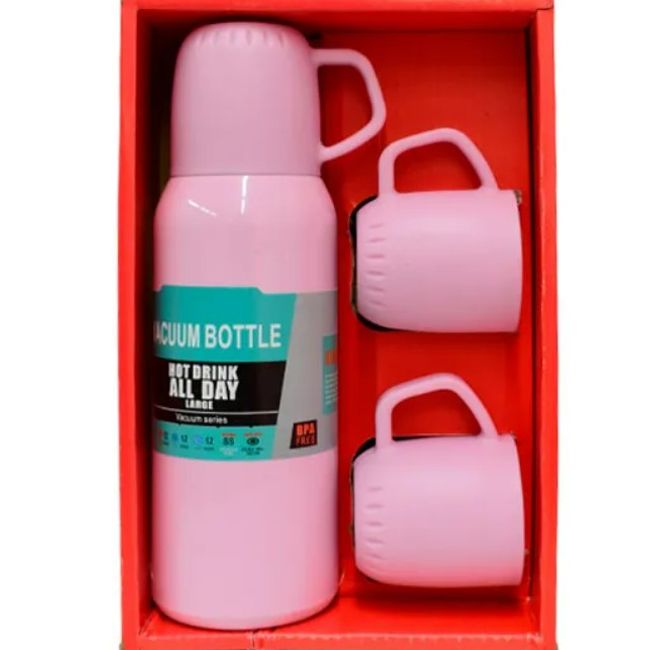 GENERICO - SET TERMO DE ACERO INOXIDABLE 500ML + 3 TAZAS - ROSA