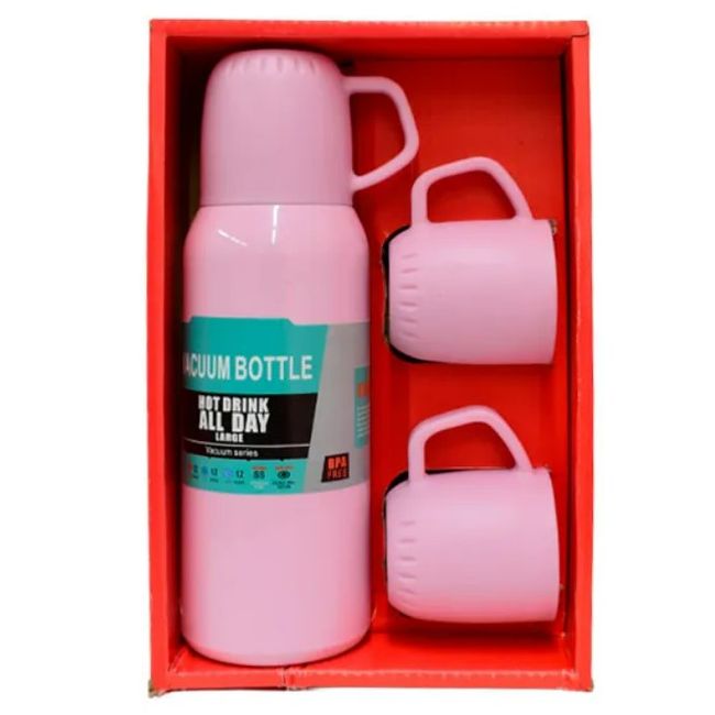 GENERICO - SET TERMO DE ACERO INOXIDABLE 500ML + 3 TAZAS - ROSA