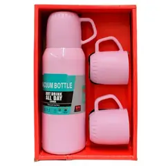 GENERICO - SET TERMO DE ACERO INOXIDABLE 500ML + 3 TAZAS - ROSA