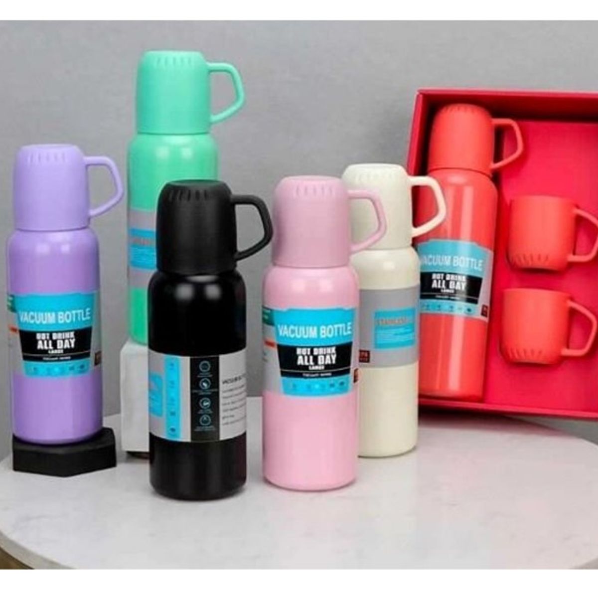 GENERICO - SET TERMO DE ACERO INOXIDABLE 500ML + 3 TAZAS - ROSA