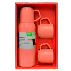 GENERICO - SET TERMO DE ACERO INOXIDABLE 500ML + 3 TAZAS - NARANJA