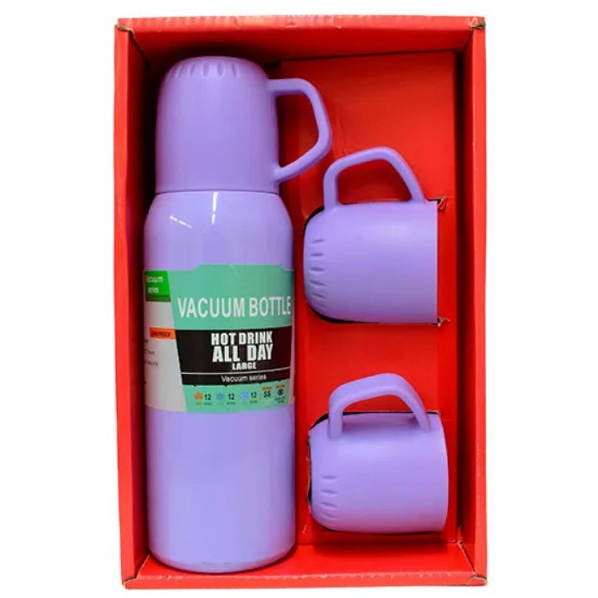 GENERICO - SET TERMO DE ACERO INOXIDABLE 500ML + 3 TAZAS - LILA