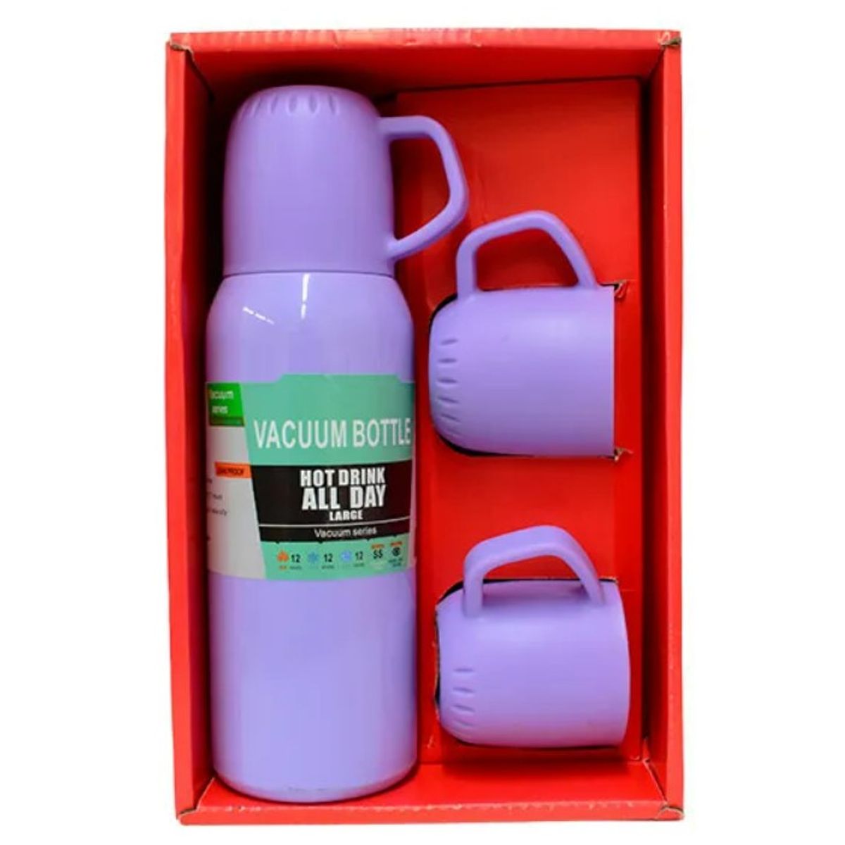 GENERICO - SET TERMO DE ACERO INOXIDABLE 500ML + 3 TAZAS - LILA