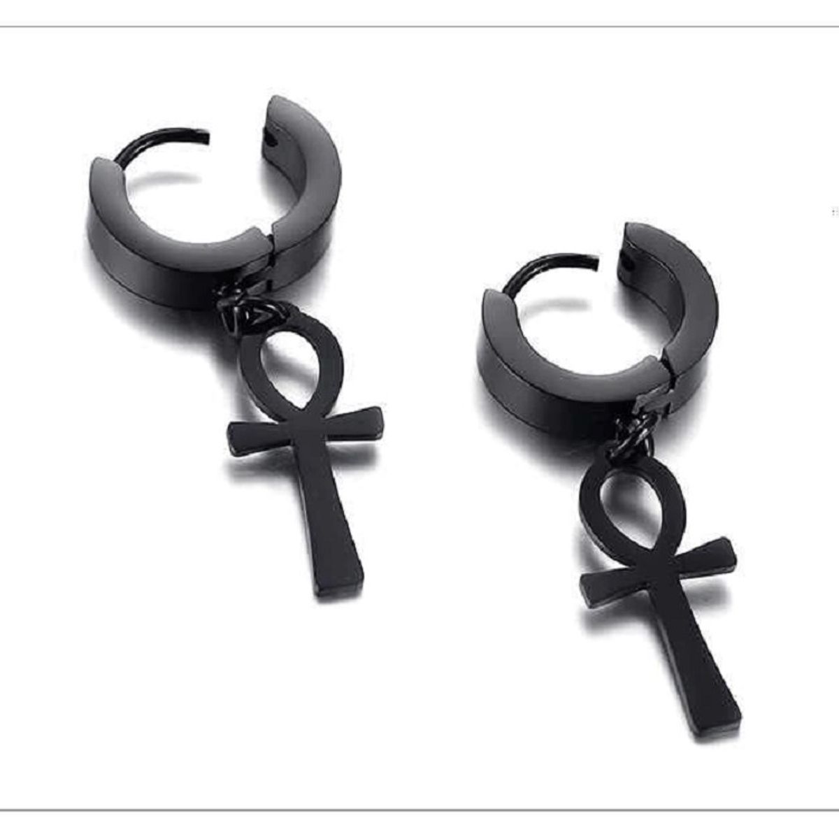 ELBAULDEJUMA - Aros Punk Black Ankh Cross Hombre Mujer Acero Cruz Negro