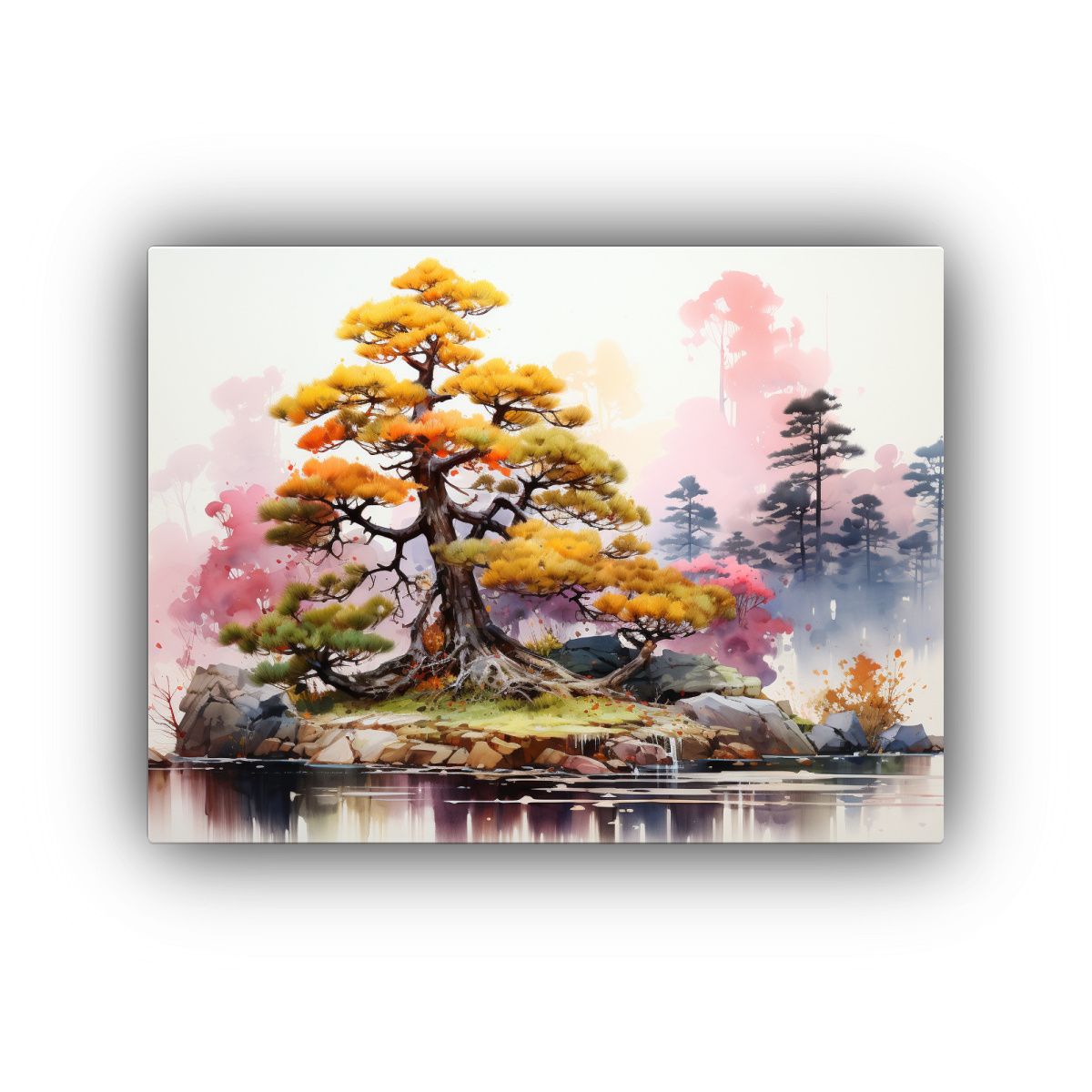 GENERICO - Cuadro Abstracto De Un árbol Bonsái En Tonos Amarillo Y Ro 120x80cm