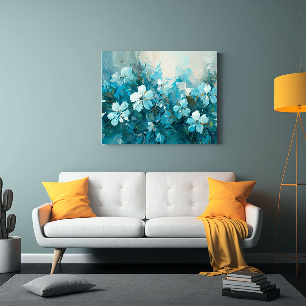 GENERICO - Cuadro Moderno Hogar Deco Flores En Turquesa Y Azul Sobre Li 120x80cm