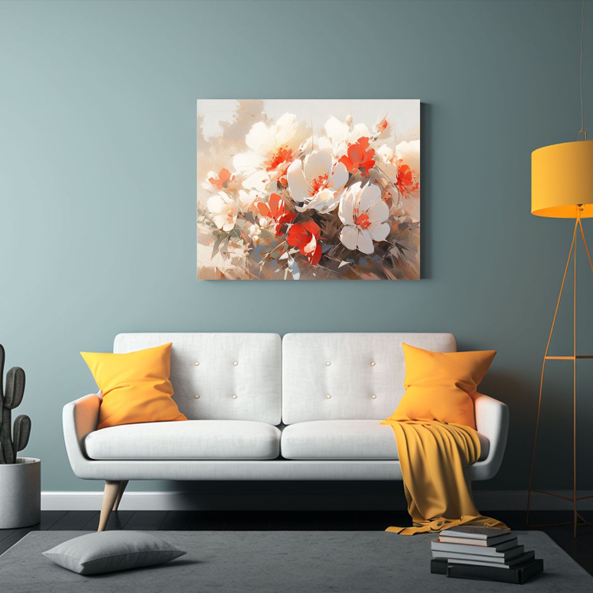 GENERICO - Pintura Lienzo Composición Blanco Y Rojo Con Flores En El S 120x80cm