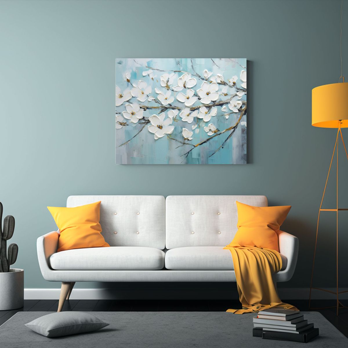 GENERICO - Cuadro De Flores Blanco Y Turquesa En Lienzo 120x80cm