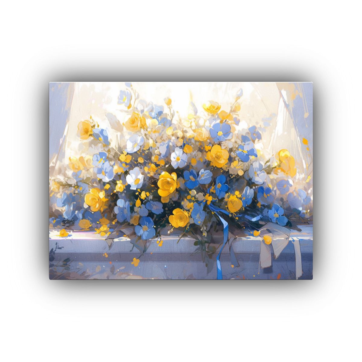 GENERICO - Cuadro Acuarela Clásico Flores Amarillas Y Azules En Lienzo 120x80cm