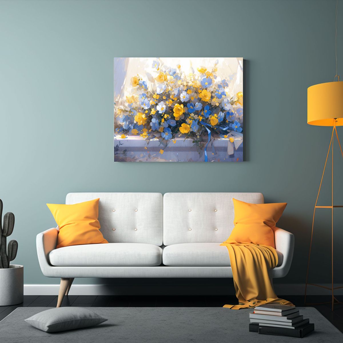 GENERICO - Cuadro Acuarela Clásico Flores Amarillas Y Azules En Lienzo 120x80cm