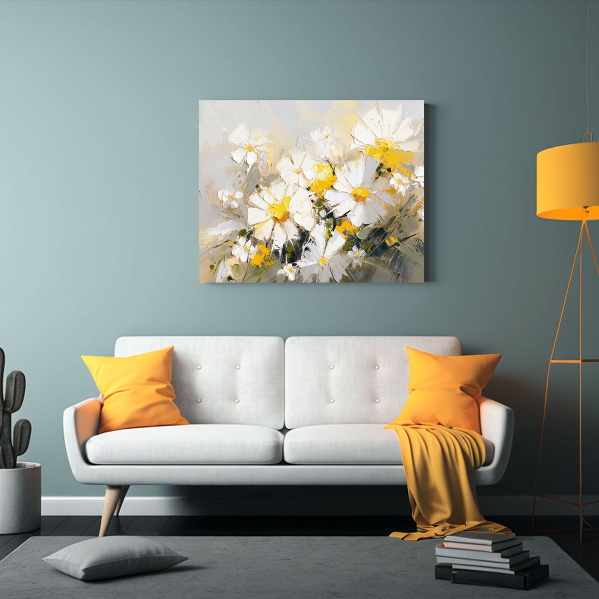 GENERICO - Pintura Flores Amarillo Y Blanco En Lienzo Composición De  120x80cm