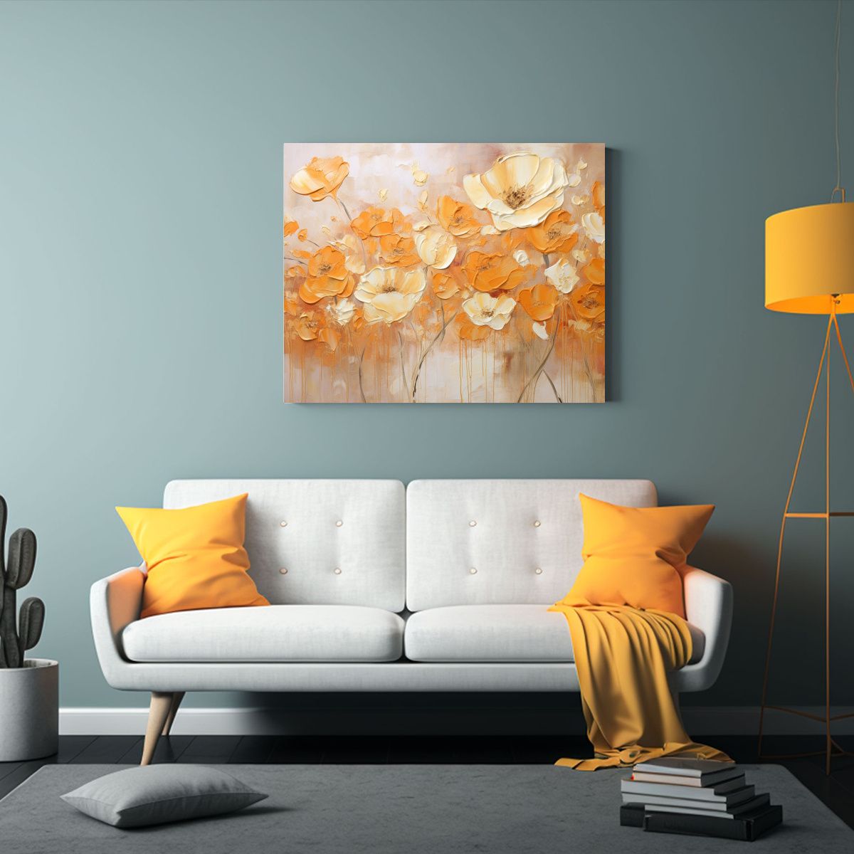 GENERICO - Pintura De Flores En Lienzo En Colores Naranja Y Dorado 120x80cm