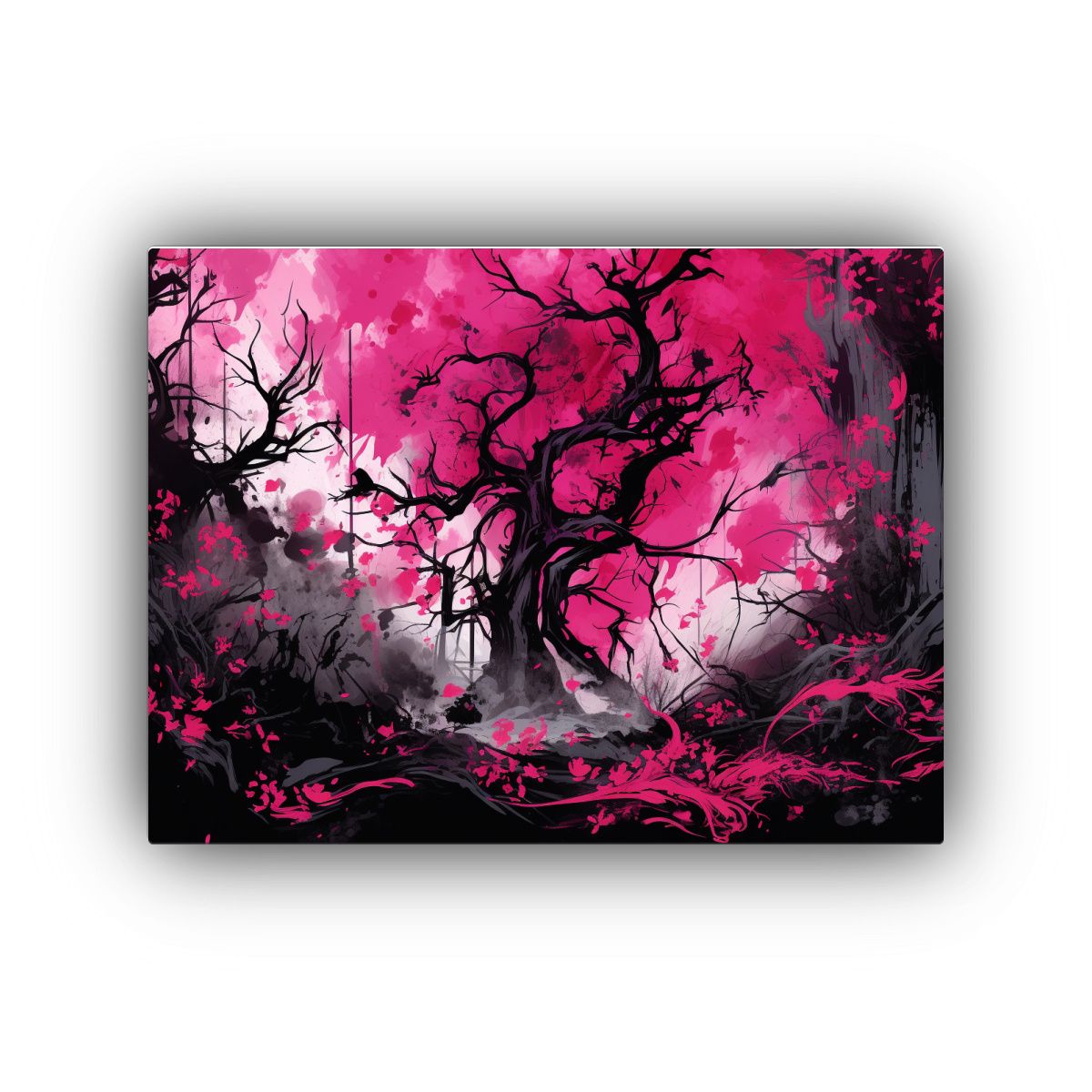 GENERICO - Cuadro Bosque En Negro Y Rosa Atmosfera Neonoir Alta Calida 120x80cm