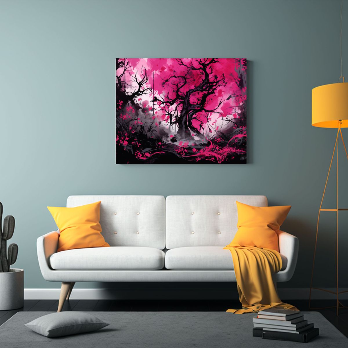 GENERICO - Cuadro Bosque En Negro Y Rosa Atmosfera Neonoir Alta Calida 120x80cm