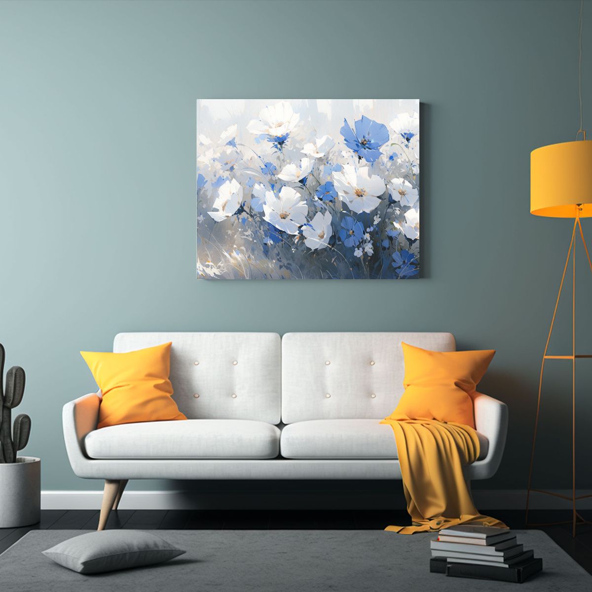 GENERICO - Pintura De Flores Blancas Y Azules En Lienzo De Arte Decorat 120x80cm