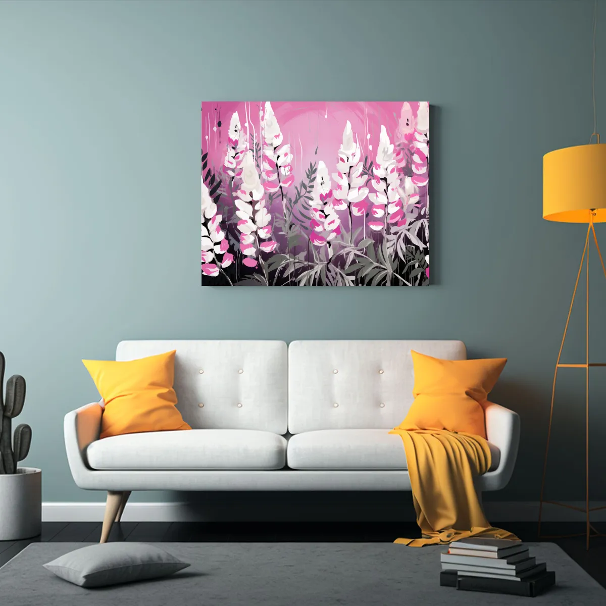 GENERICO - Pintura Lupine Grains En Blanco Y Rosa Composición Dinámi 120x80cm