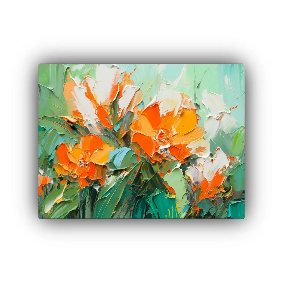 GENERICO - Pintura Floral Verde Y Naranja En Lienzo Para Decoración Cr 120x80cm