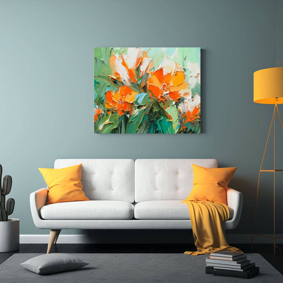 GENERICO - Pintura Floral Verde Y Naranja En Lienzo Para Decoración Cr 120x80cm