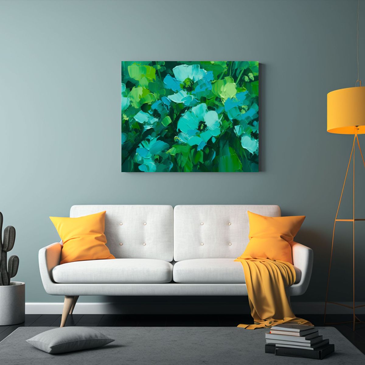 GENERICO - Pintura Floral Verde Y Turquesa En Lienzo Cuadro Temático  120x80cm