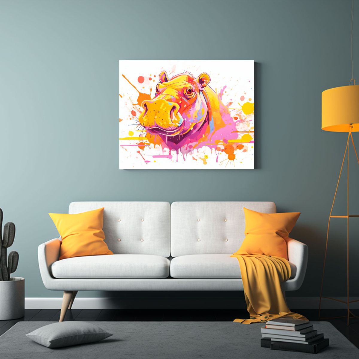 GENERICO - Cuadro Tela Comedor Hipopótamo Amarillo Y Rosa Pop Art Esti 120x80cm