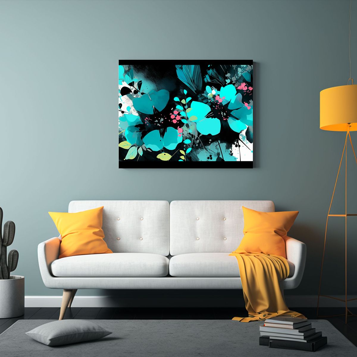 GENERICO - Pintura En Bastidor Movimiento Turquesa Y Negro Ambiente Neo 120x80cm