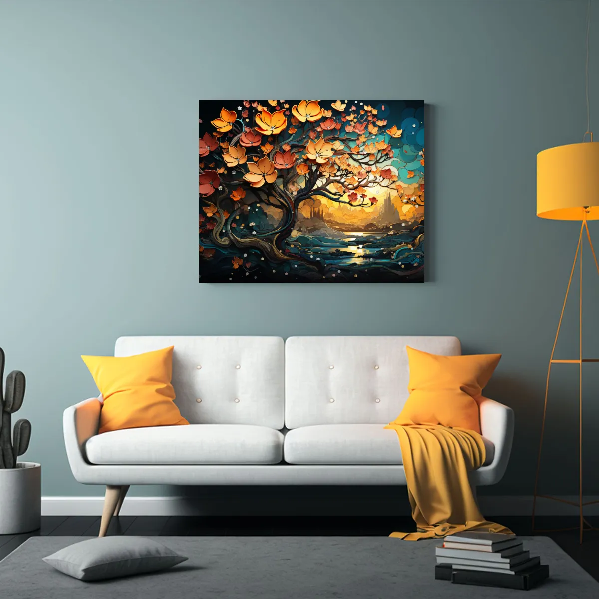 GENERICO - Cuadro Moderno Banyan Tree En Turquesa Y Naranja Atmósfer 120x80cm