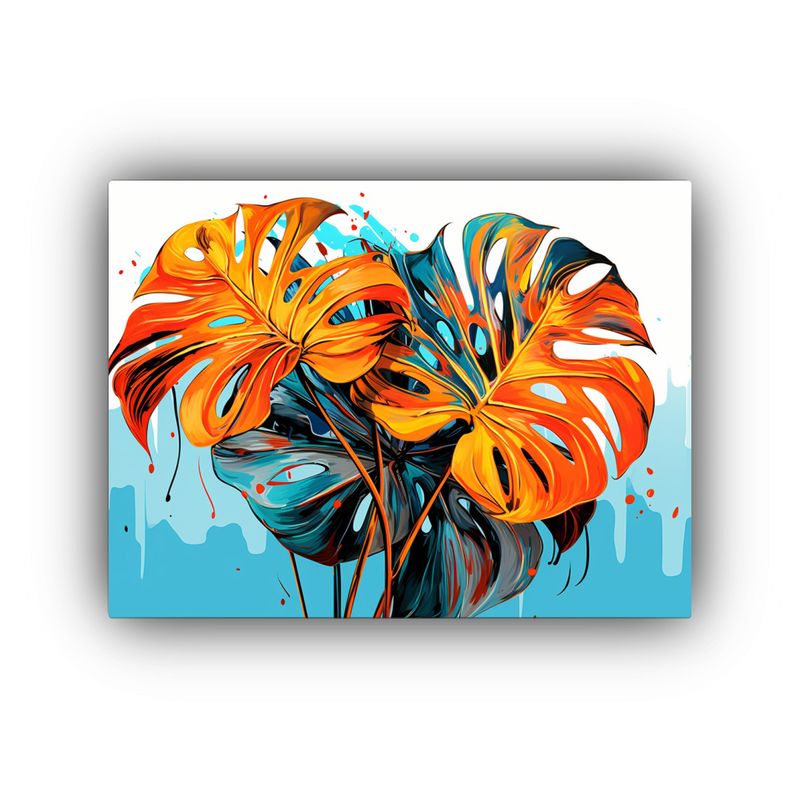 GENERICO - Cuadro De Monstera En Turquesa Y Naranja Expresión Minimal 120x80cm