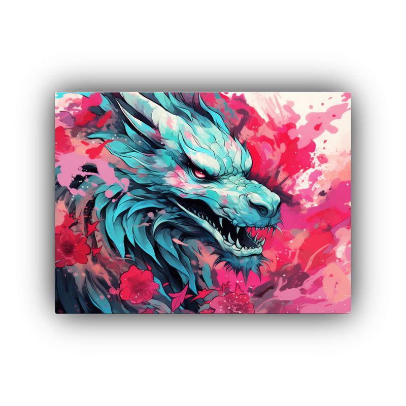 GENERICO - Cuadro Neonoir Con Dragón Y Flores En Rosa Y Turquesa 120x80cm