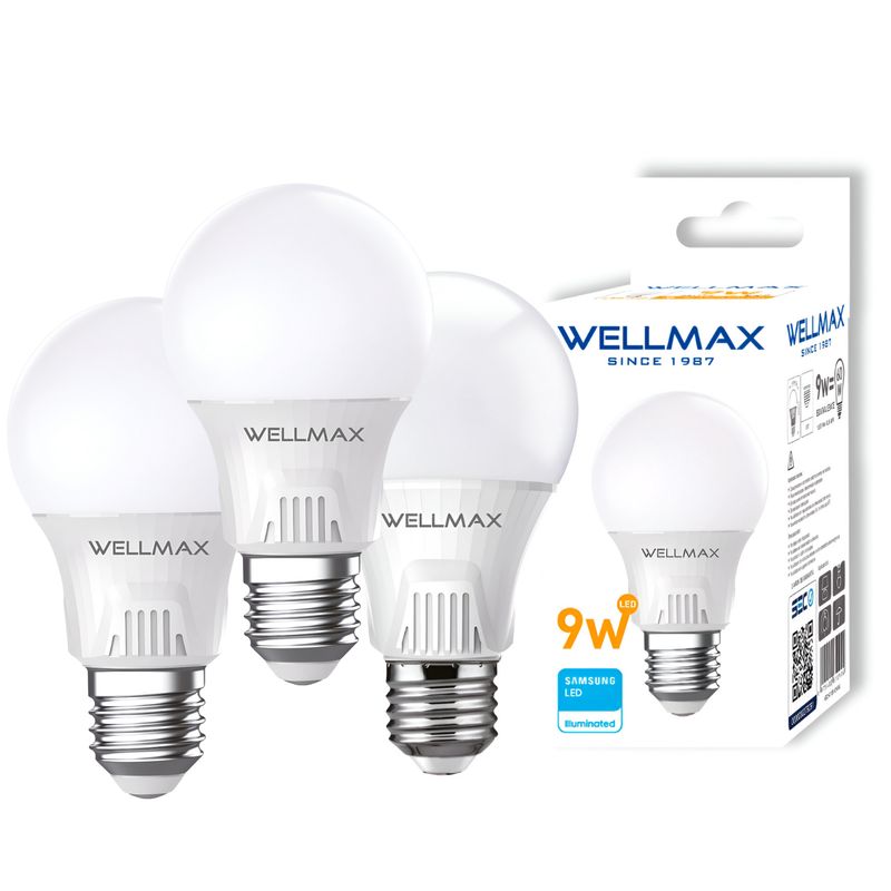 OEM - Pack de 3 Ampolletas Wellmax E-27 9W Luz Calida Led Samsung - Blanco