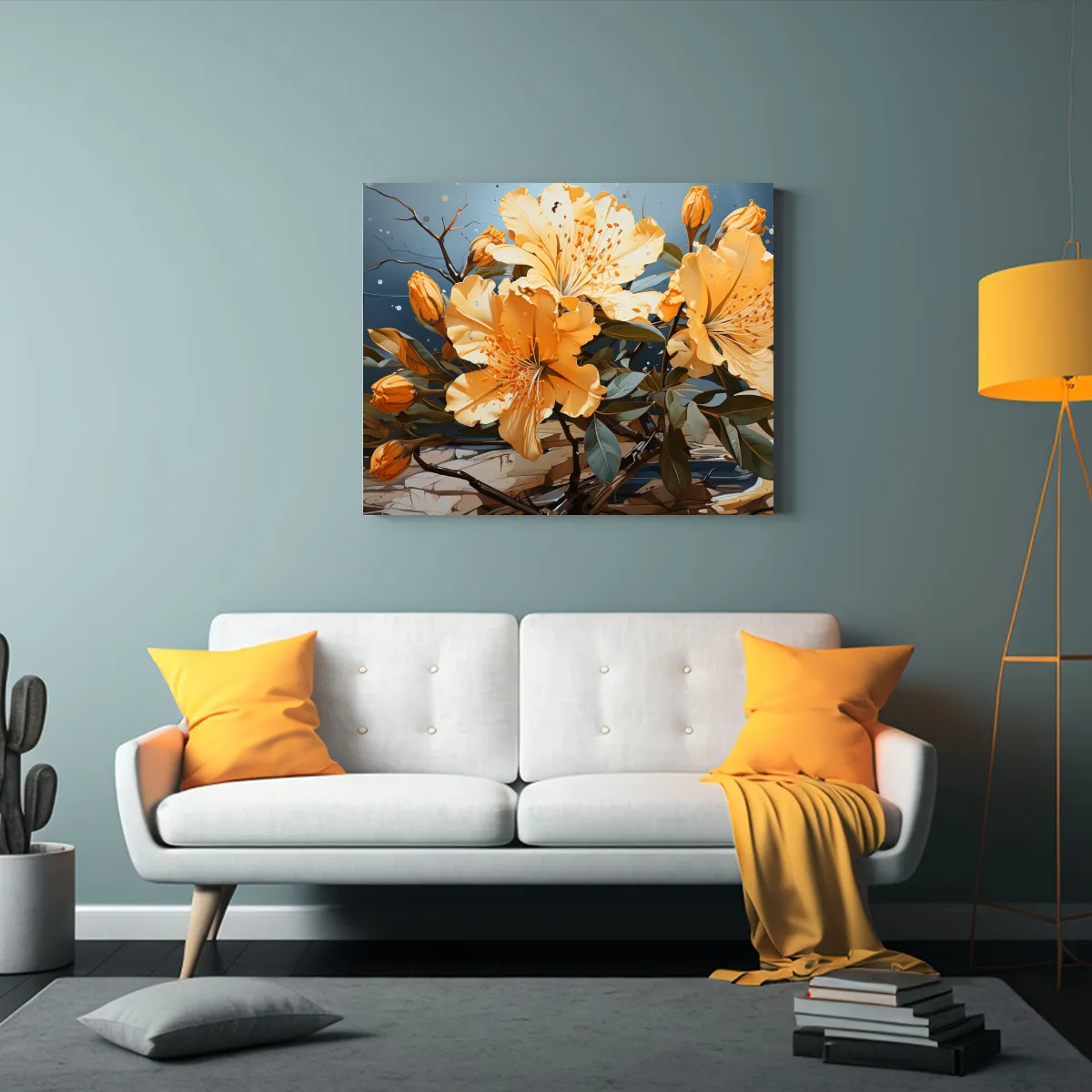GENERICO - Lienzo De Tela Con Finas Líneas Y Rododendros Amarillos En  120x80cm