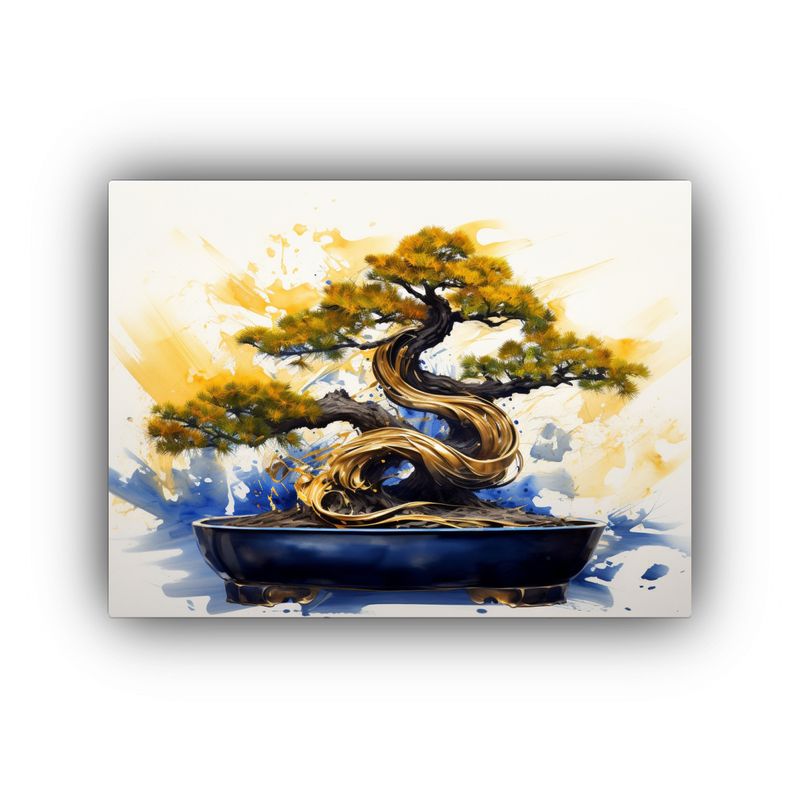 GENERICO - Cuadro Abstracto Árbol Bonsái Azul Y Dorado Con Toque Crea 120x80cm