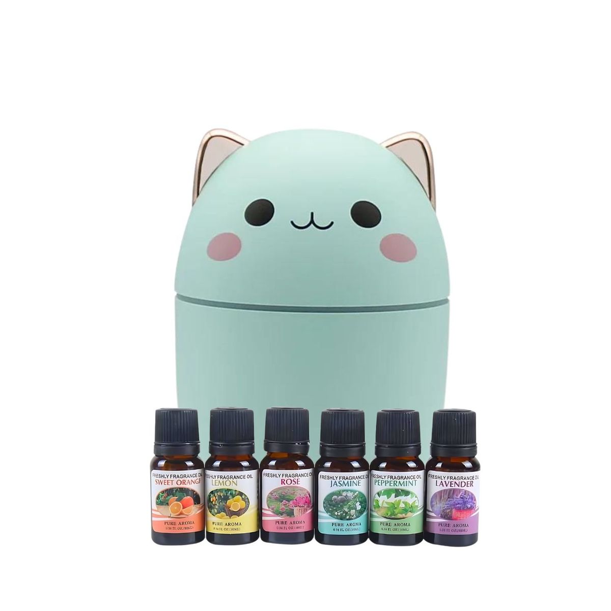 GENERICO - Pack Humidificador Diseño Gato Verde Más 6 Esencias Aromáticas