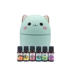 GENERICO - Pack Humidificador Diseño Gato Verde Más 6 Esencias Aromáticas