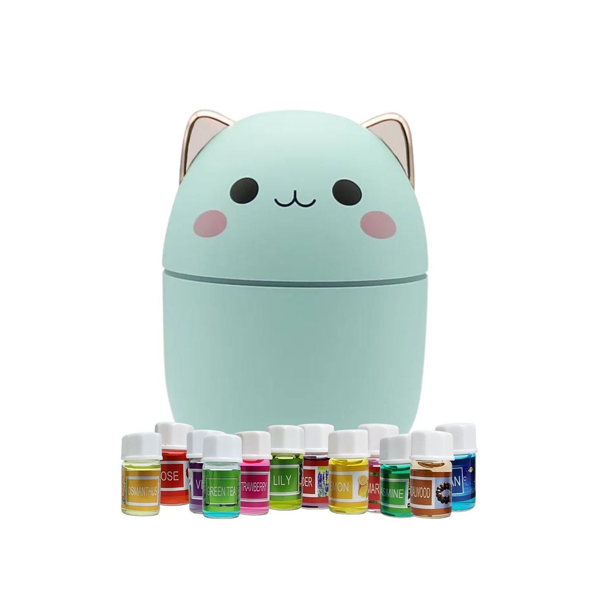 GENERICO - Pack Humidificador Diseño Gato Verde Más 12 Esencias Aromáticas