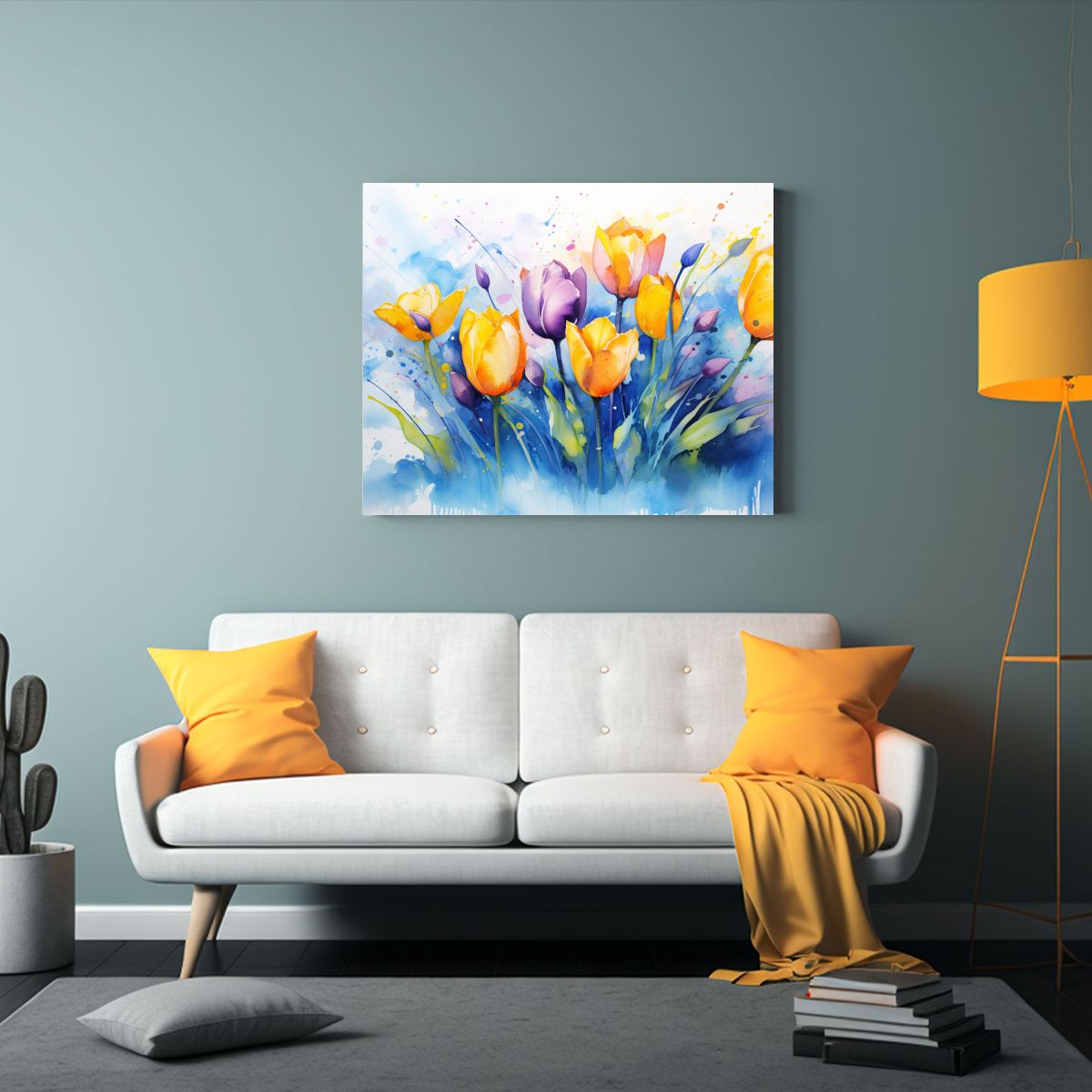 GENERICO - Pintura Abstracta De Tulipanes Amarillos Y Azules Para Decor 120x80cm