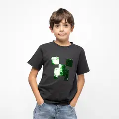 MINECRAFT - Polera Manga Corta Niño Lentejuelas Negro