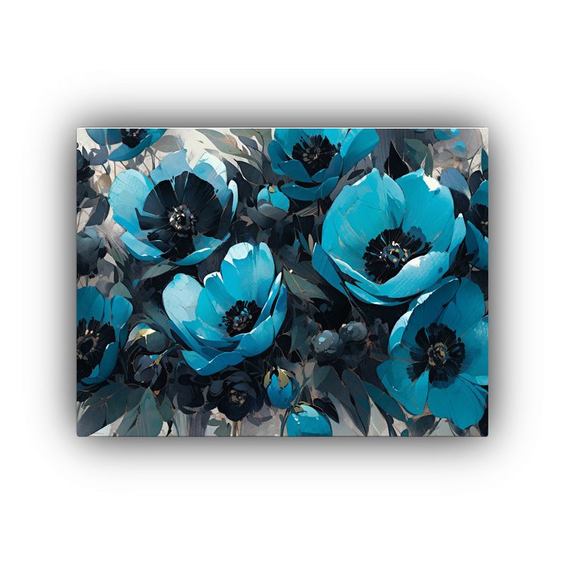 GENERICO - Pintura De Flores En Tonos Turquesa Y Negro Sobre Lienzo 120x80cm