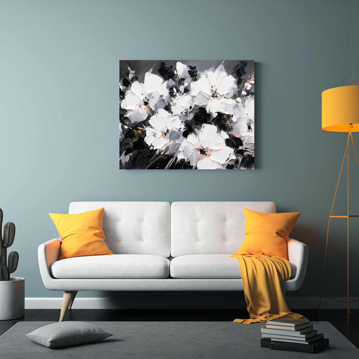 GENERICO - Cuadro De Flores En Blanco Y Negro En Tela Horizontal 120x80cm