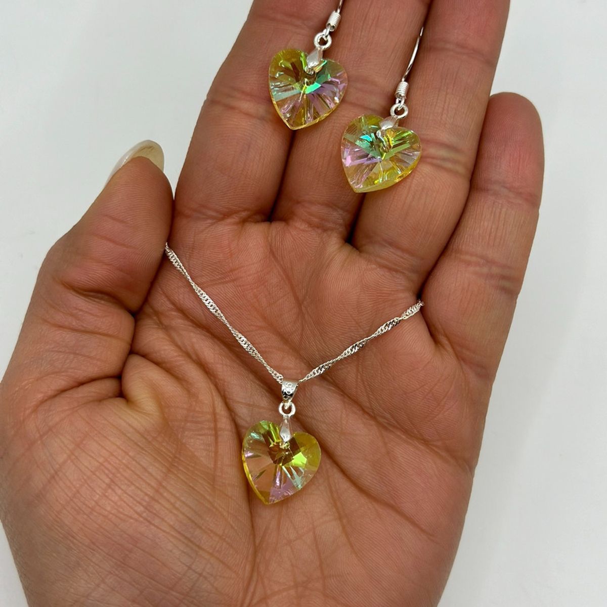 GENERICO - Conjunto Corazon Cristal Swarovski Amarillo Tornasol Plata