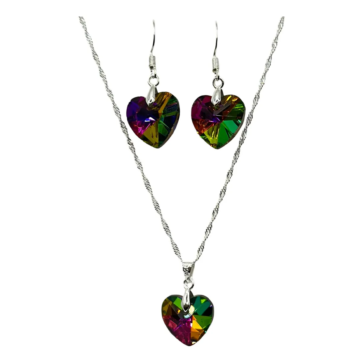 GENERICO - Conjunto Collar Corazon Swarovski Colores Tornasol Plata 925