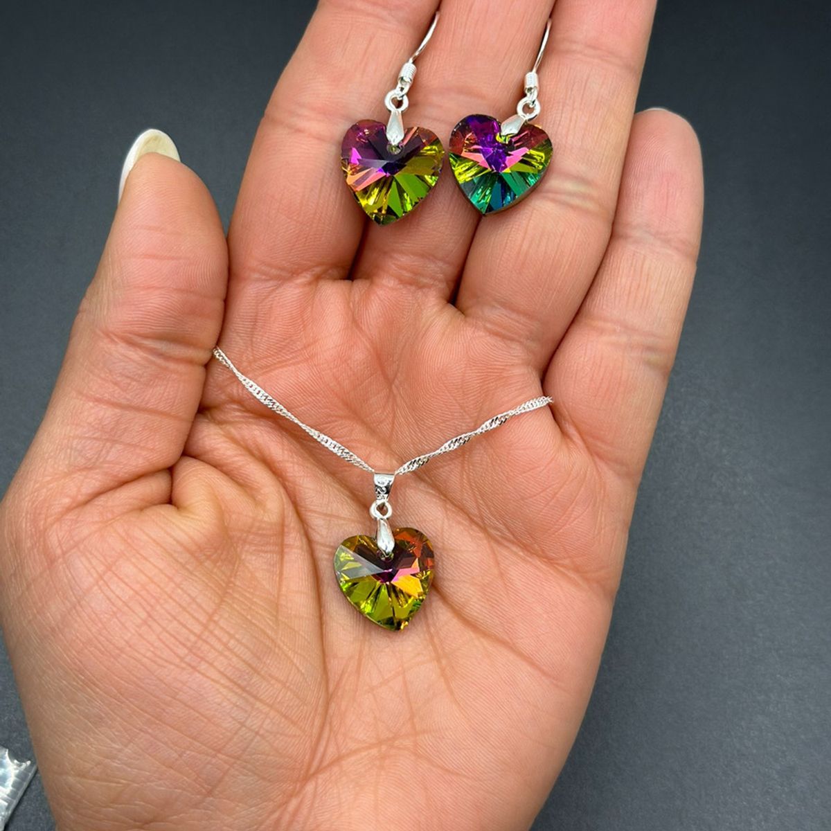 GENERICO - Conjunto Collar Corazon Swarovski Colores Tornasol Plata 925