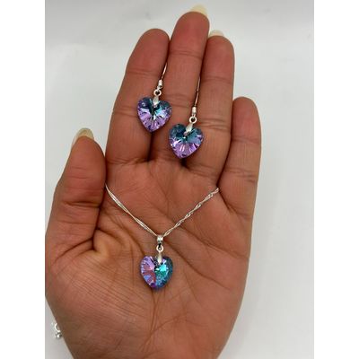Imagen 2 del producto Conjunto Collar Aro Corazon Cristal Swarovski Lila Plata 925