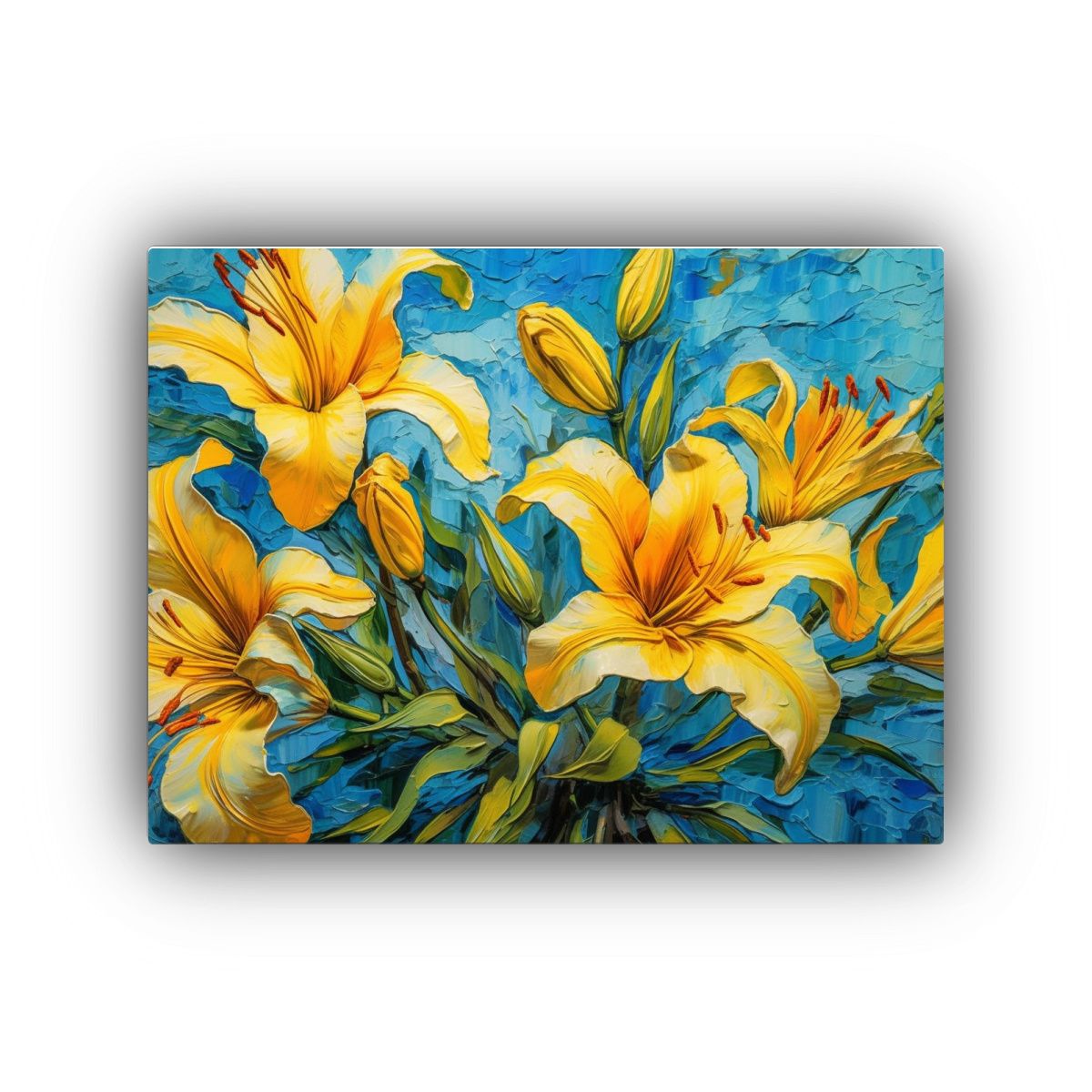 GENERICO - Pintura Mural De Lirios Amarillos Sobre Fondo Azul De Alto C 120x80cm